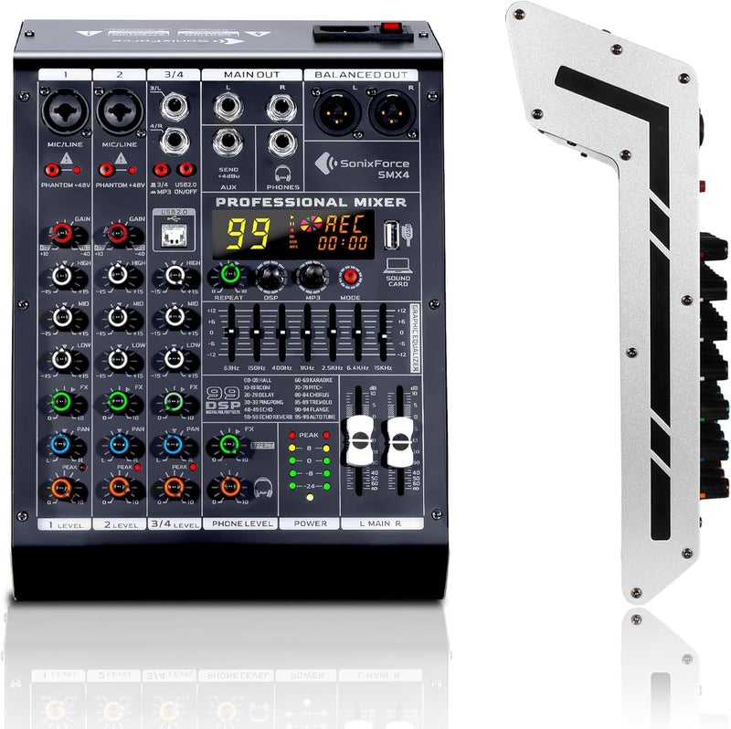 SonixForce 4 Channel Audio Mixer, 99 DSP Sound Board Console with 48V Phantom Power, Professional DJ Mixer for Podcasting, Streaming, Studio Recording (SMX4) - Image 1